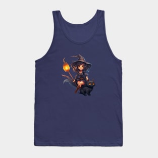 Halloween Witch Black Cat and Pumpkins Tank Top